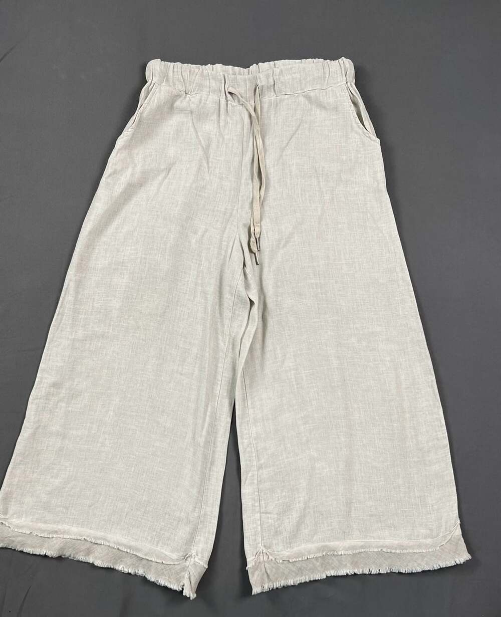 Marisima Wide Leg Pants One Size Beige Linen Blend Fringe Hem